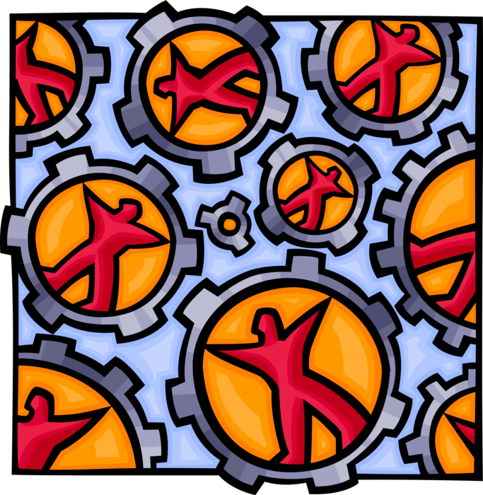 Vector Illustration of Factory Manufacturing Workers in Rotating Cogwheel Gear Mechanism