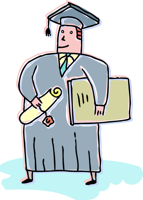 Vector Illustration of High School, College, or University Graduate with Cap and Gown, Graduation Diploma