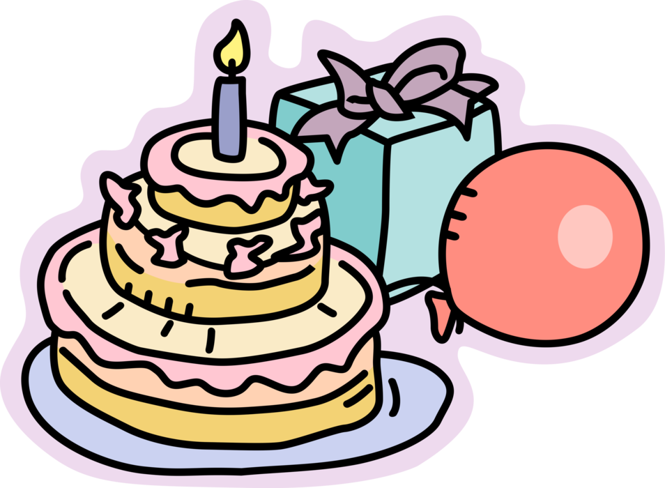 Vector Illustration of First Birthday Cake with Present and Balloon