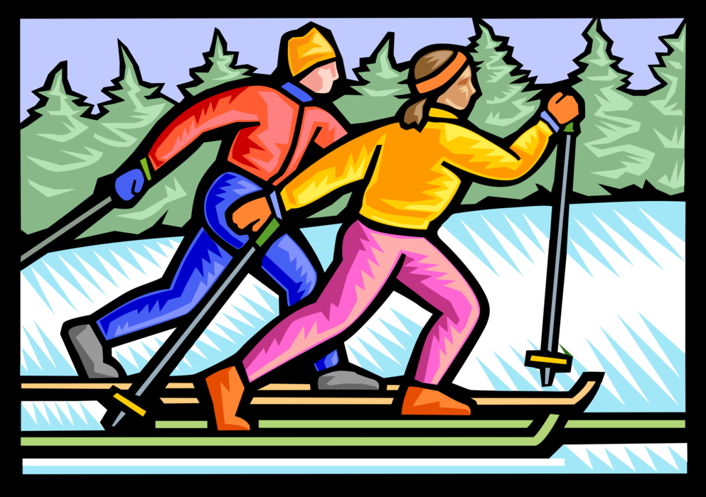 Vector Illustration of Cross-Country Nordic Skiers Skiing Outdoors in Winter