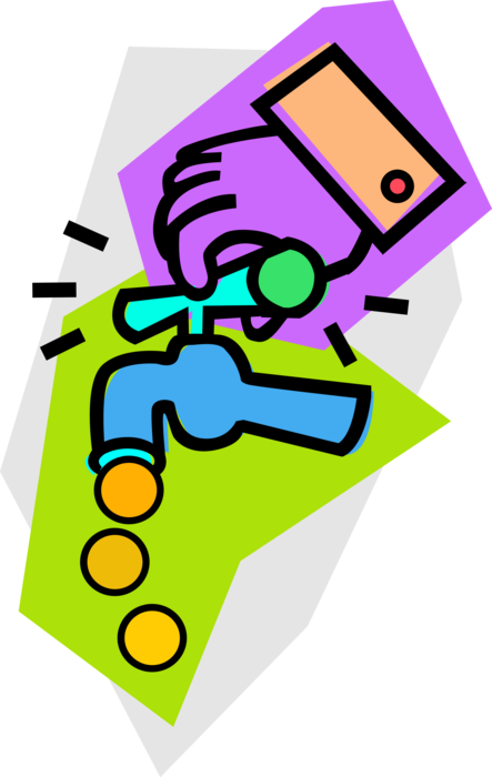 Vector Illustration of Hand Turns Faucet Spigot Tap with Finance Currency Money Coins Flowing
