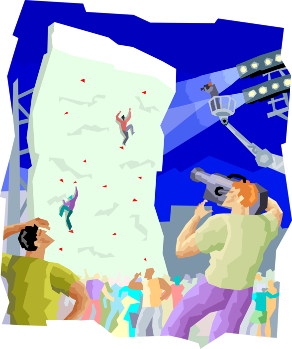 Vector Illustration of Wall Climbers Filmed on Live Television Climbing Vertical Wall
