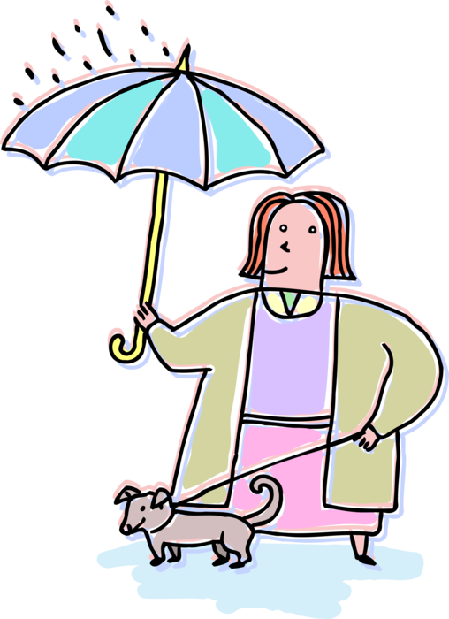 Vector Illustration of Pet Owner with Umbrella or Parasol Rain Protection and Dog on Leash