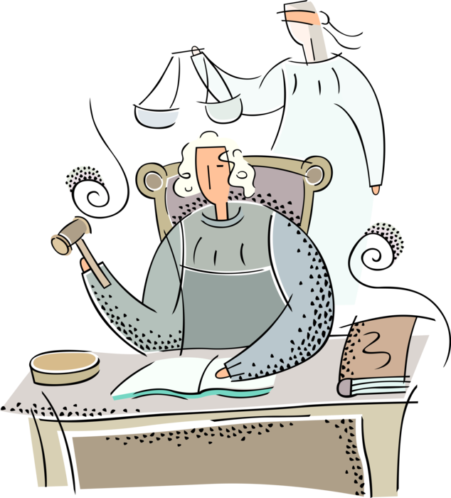 Vector Illustration of Judge Sitting at the Bench Bangs Gavel with Lady Justice Blindfolded Holding Balance Scales Vector Illustration of Judge Sitting at the Bench Bangs Gavel with Lady Justice Blindfolded Holding Balance Scales