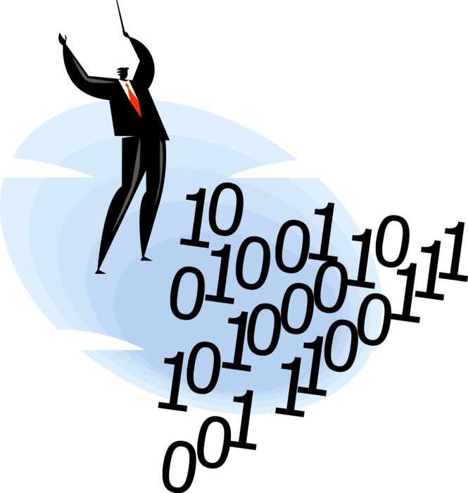 Vector Illustration of Maestro Orchestra Conductor Conducting Binary Code Zeros and Ones Digits