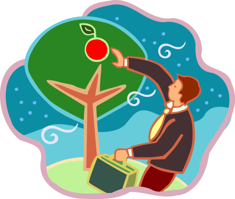 Vector Illustration of Businessman Picks Apple from Fruit Orchard Tree