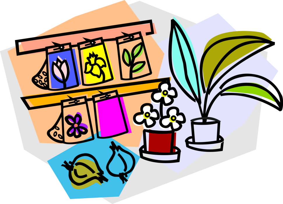 Vector Illustration of Garden Nursery with Seed Packets and Bulbs, Potted Flower Plants