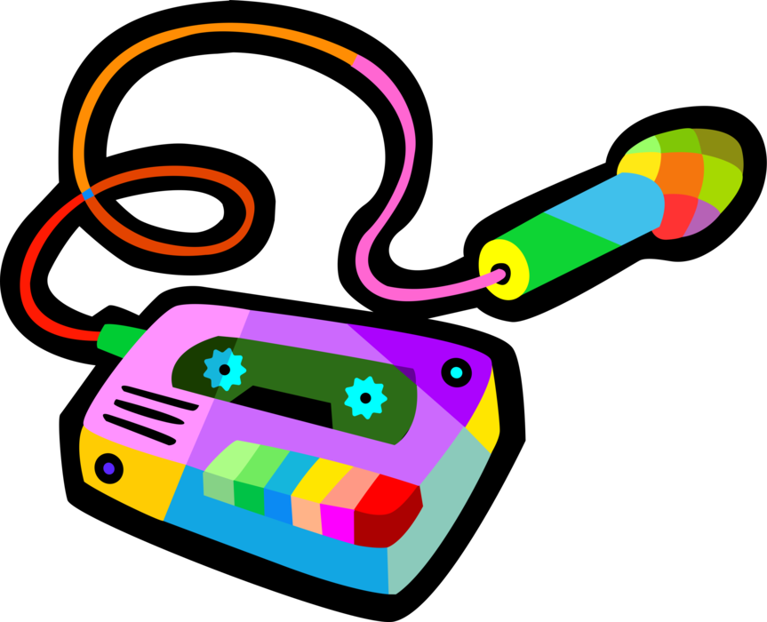 Vector Illustration of Analog Audio Cassette Tape Recorder with Microphone or Mic