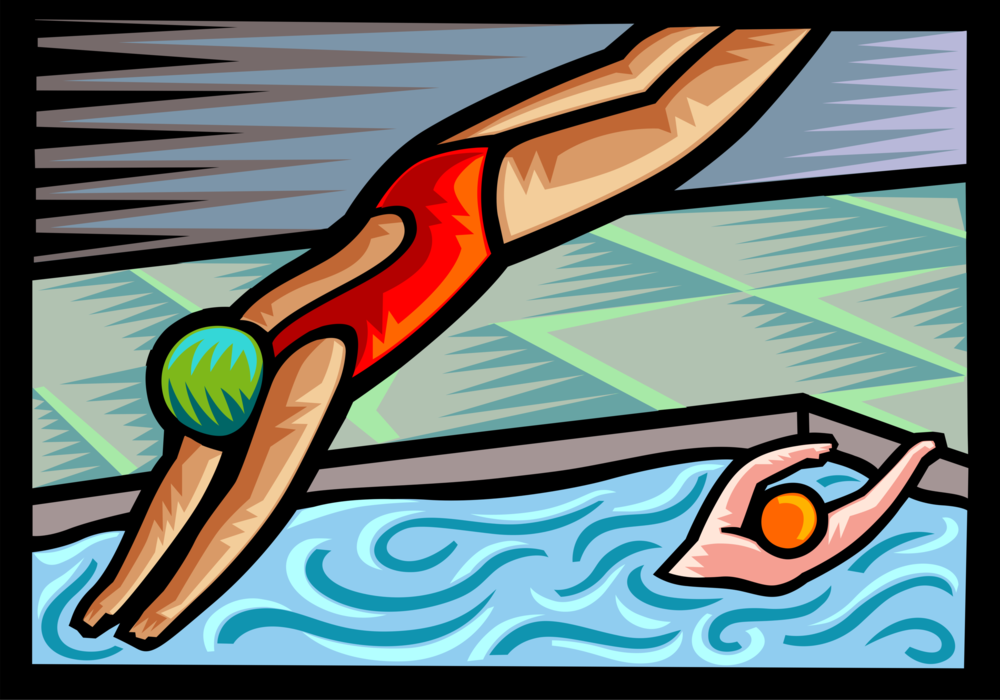 Vector Illustration of Swimmer Dives from Diving Board into Swimming Pool