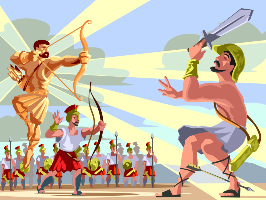 Vector Illustration of Greek Mythology Achilles Warrior of Homer's Iliad, Paris Slays Achilles Aided by the God Apollo