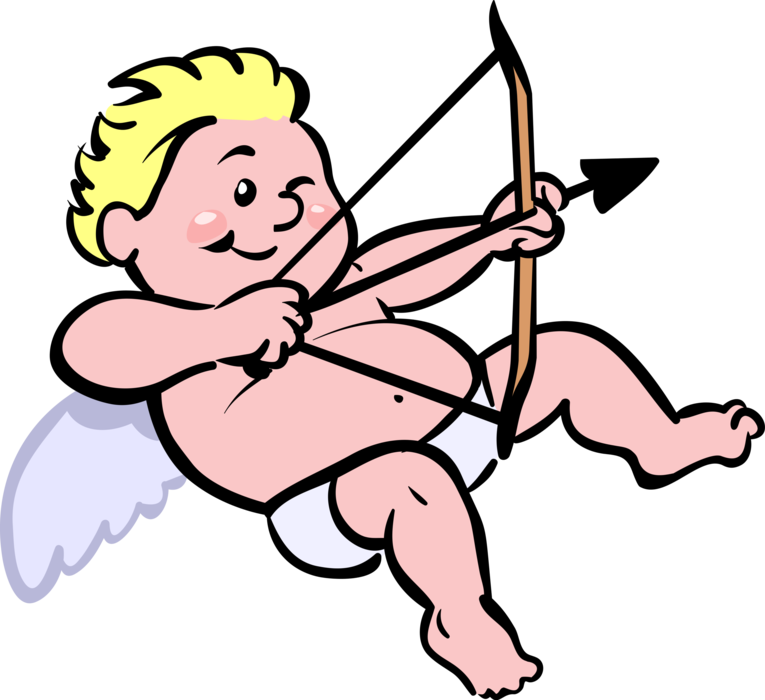 Vector Illustration of Cupid Archer God of Desire and Erotic Love Angel with Wings and Archery Bow and Arrow