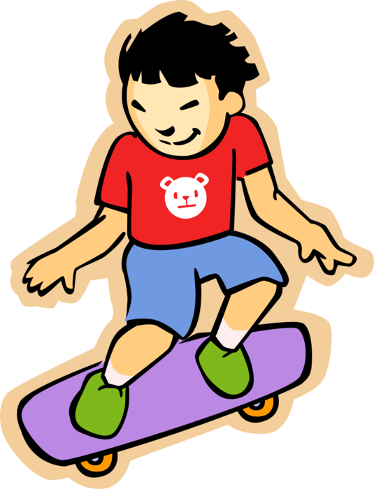 Vector Illustration of Primary or Elementary School Student Boy with Skateboard Skateboarding