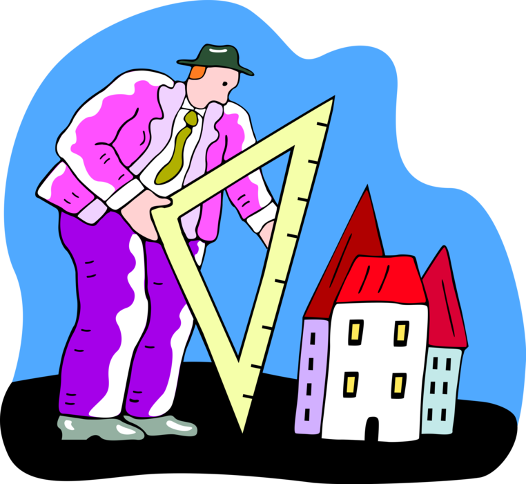 Vector Illustration of Businessman Architect Measures House with Triangle Ruler