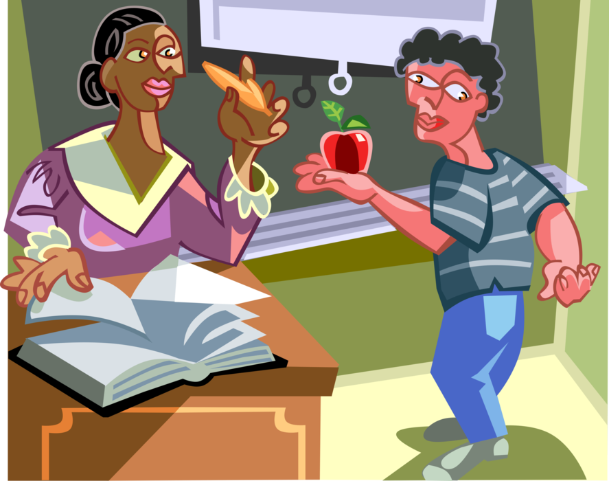 Vector Illustration of Child Gives Teacher Apple in School Classroom