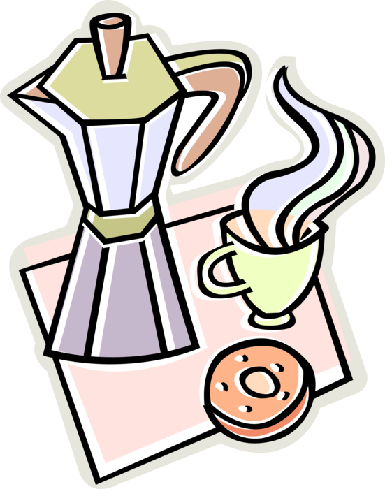 Vector Illustration of Coffee Pot with Cup of Coffee and Donut