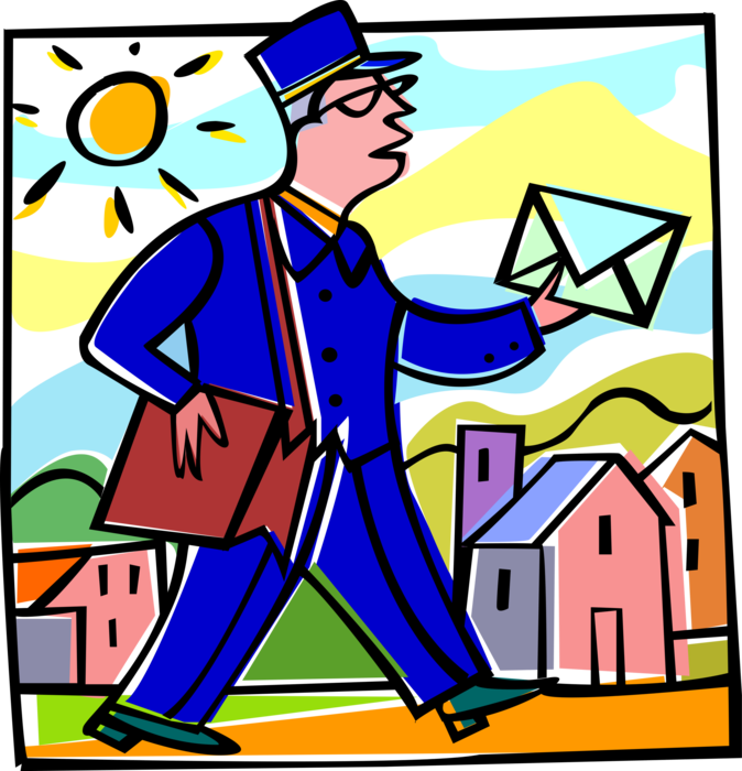 Vector Illustration of Postal Mailman Delivers Envelopes and Letter Mail for Post Office