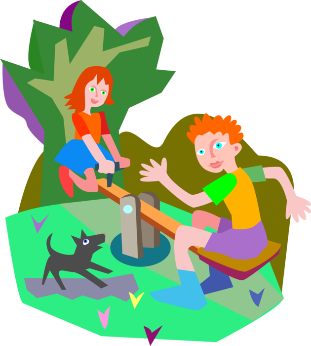 Vector Illustration of Brother and Sister Play on See Saw Teeter Totter in Playground