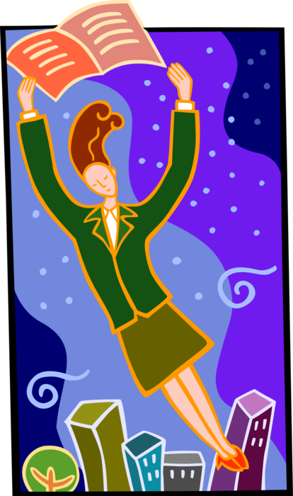 Vector Illustration of Flying Businesswoman with Book