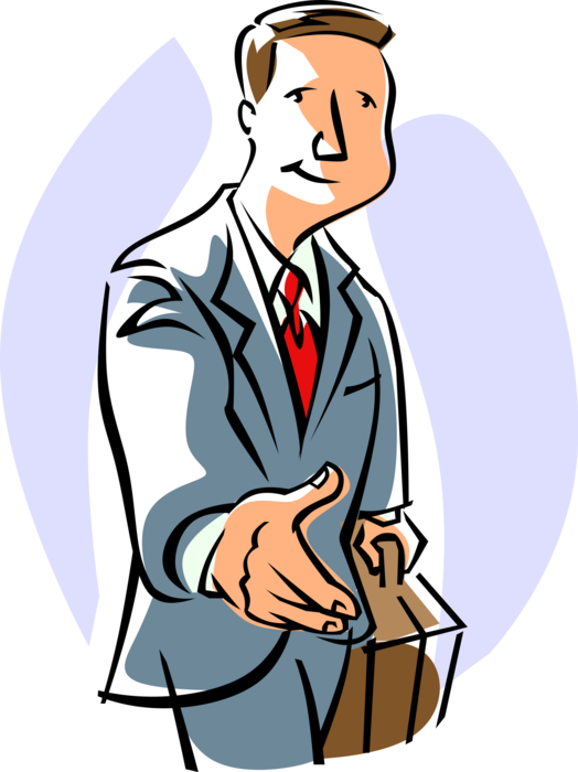 Vector Illustration of Businessman Offers Outstretched Hand in Handshake Greeting or Introduction