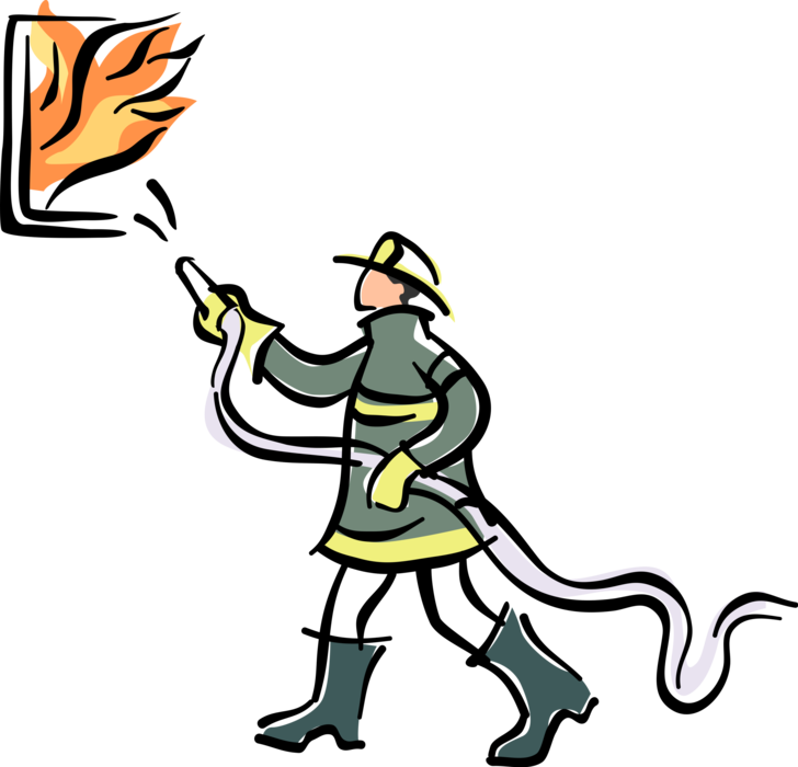 Vector Illustration of Firefighter Fireman Fights Blazing Inferno with Fire Hose