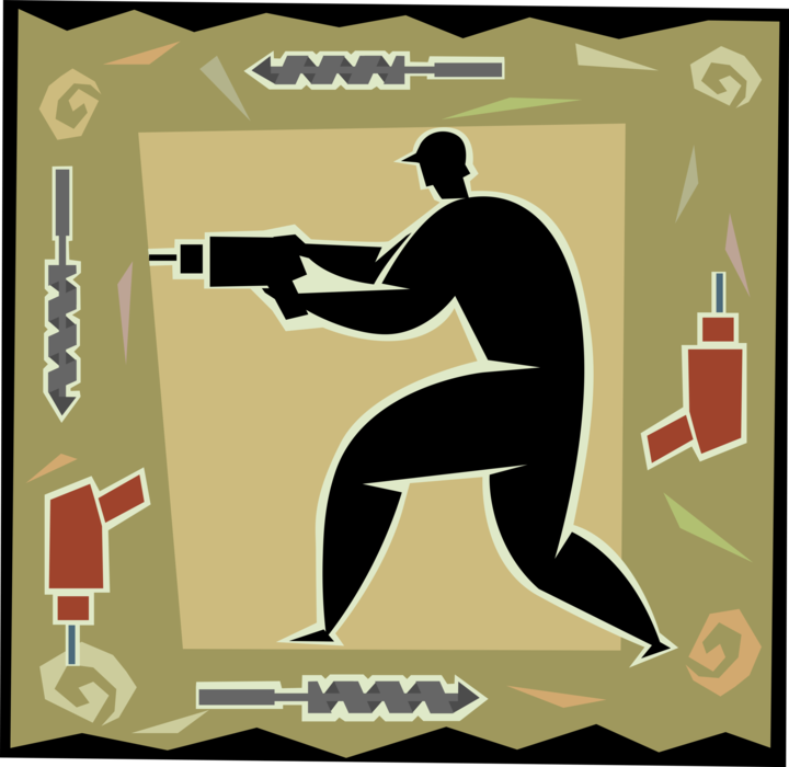 Vector Illustration of Construction Worker with Electric Drill and Drilling Bits