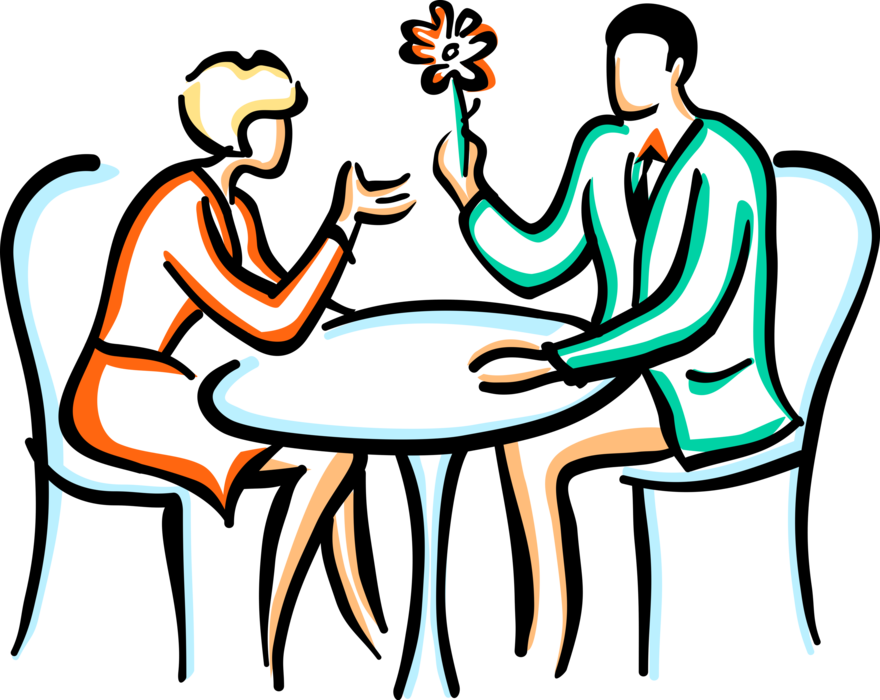 Vector Illustration of Romantic Couples Enjoy Conversation at Restaurant Table with Flower