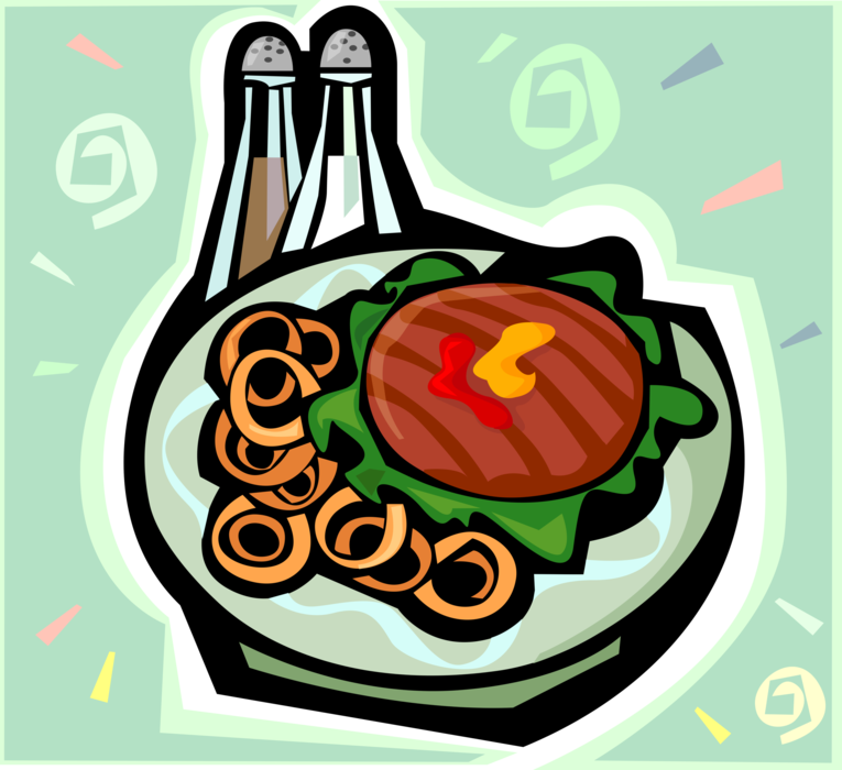 Vector Illustration of Hamburger Meal with Onion Rings and Salt and Pepper