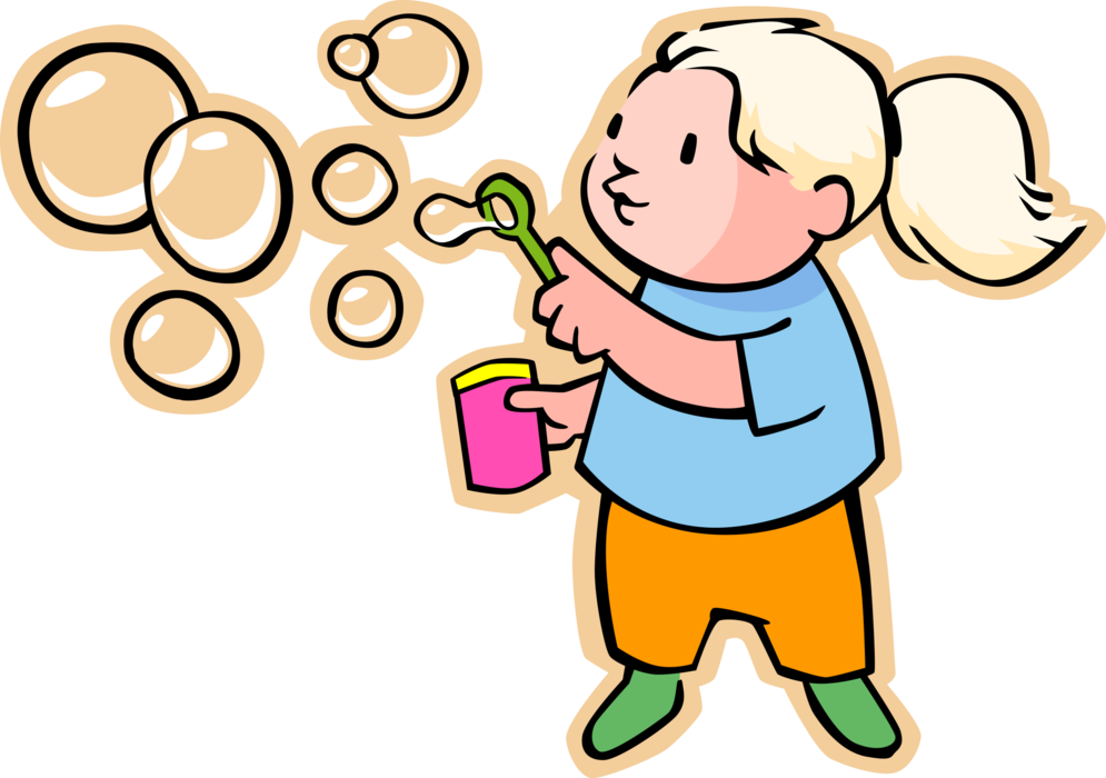 Vector Illustration of Primary or Elementary School Student Girl Blowing Bubbles