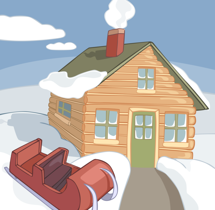 Vector Illustration of Cabin House Shelter Dwelling in Winter Snow with Sleigh