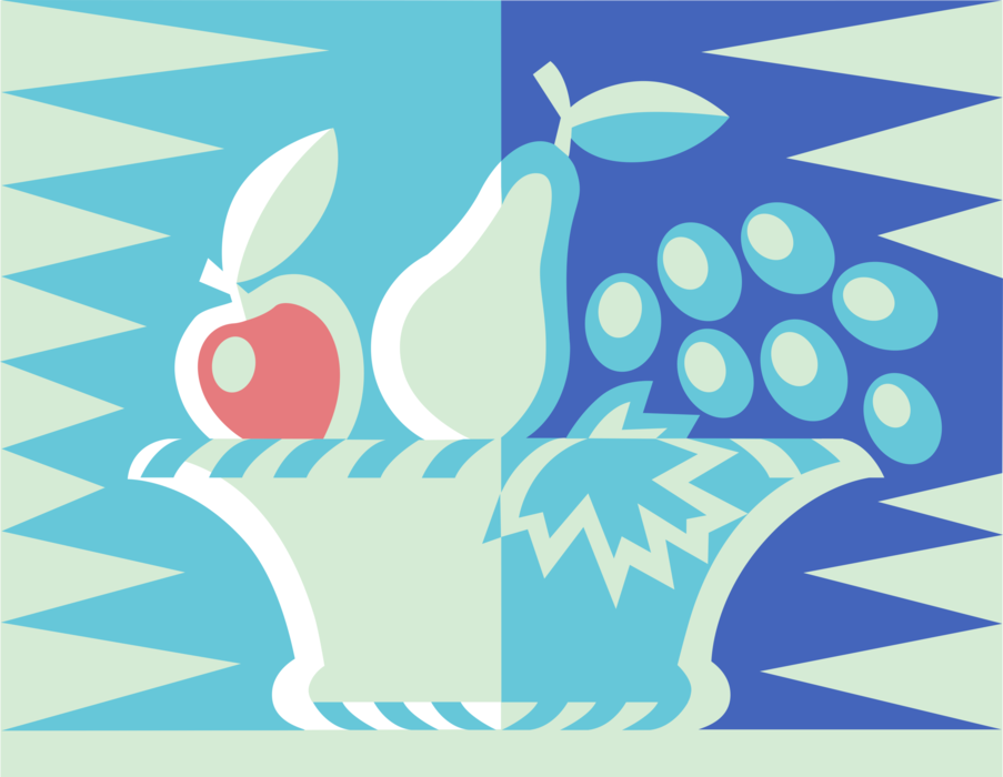 Vector Illustration of Bowl of Fruit with Apple, Pear and Grapes