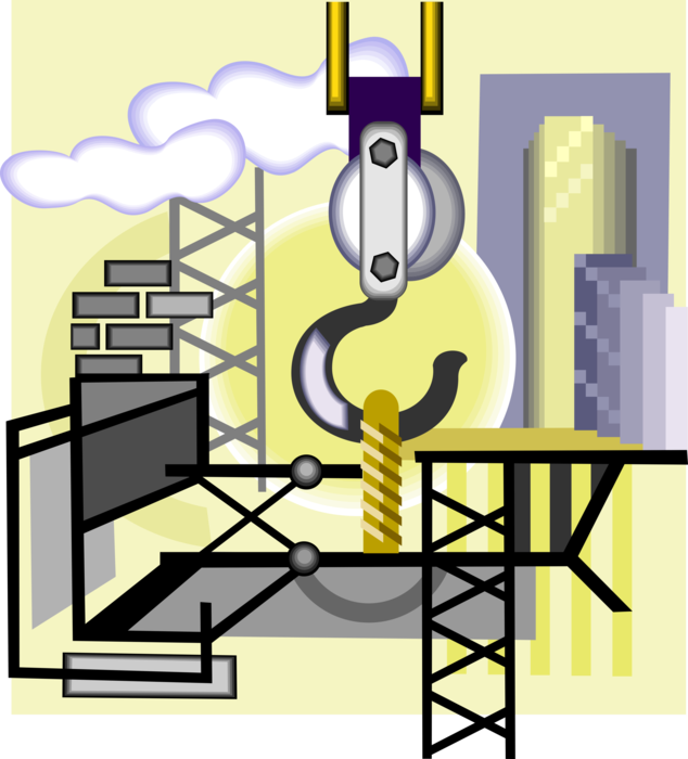 Vector Illustration of Construction Site with Crane Lifting Hook