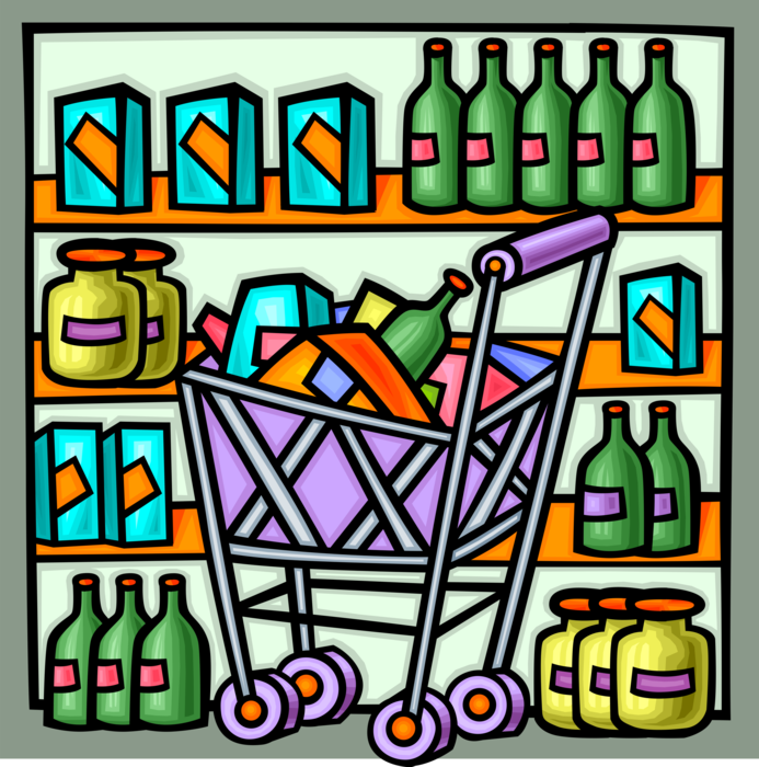 Vector Illustration of Supermarket Shopping Cart with Food Groceries