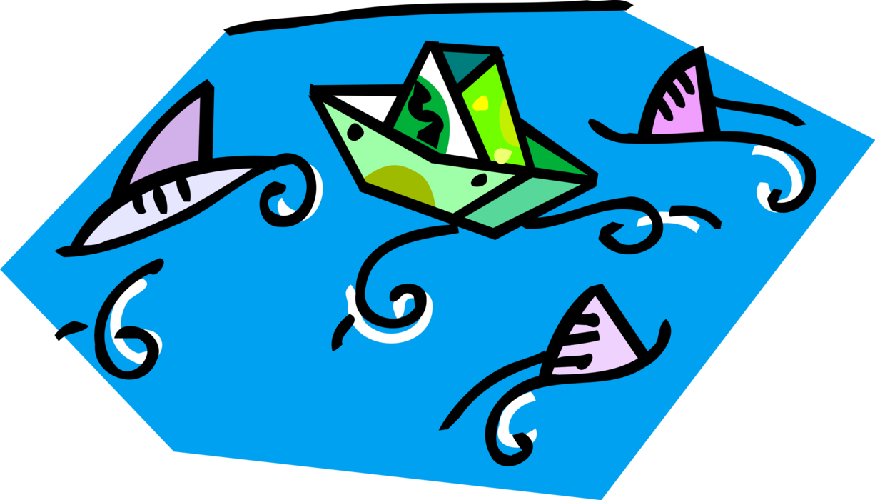 Vector Illustration of Paper Cash Money Dollar Bill Boat in Shark Infested Water