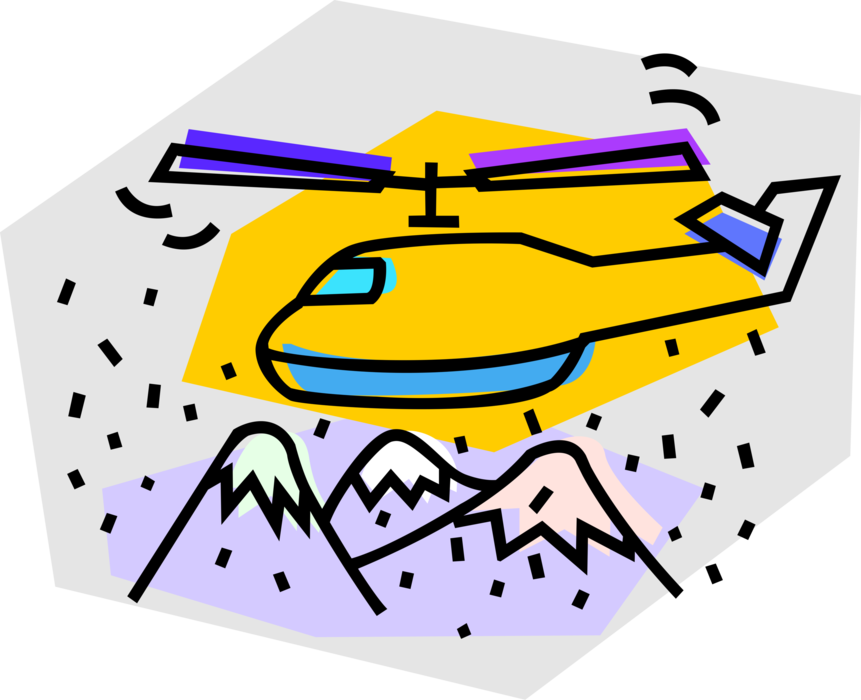 Vector Illustration of Helicopter Rotorcraft Applies Lift and Thrust Supplied by Rotors Flying Over Mountains