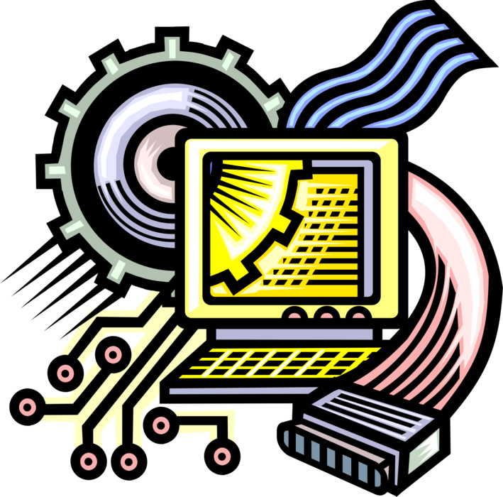 Vector Illustration of Computer Technology and Cogwheel Gear Mechanism of Manufacturing