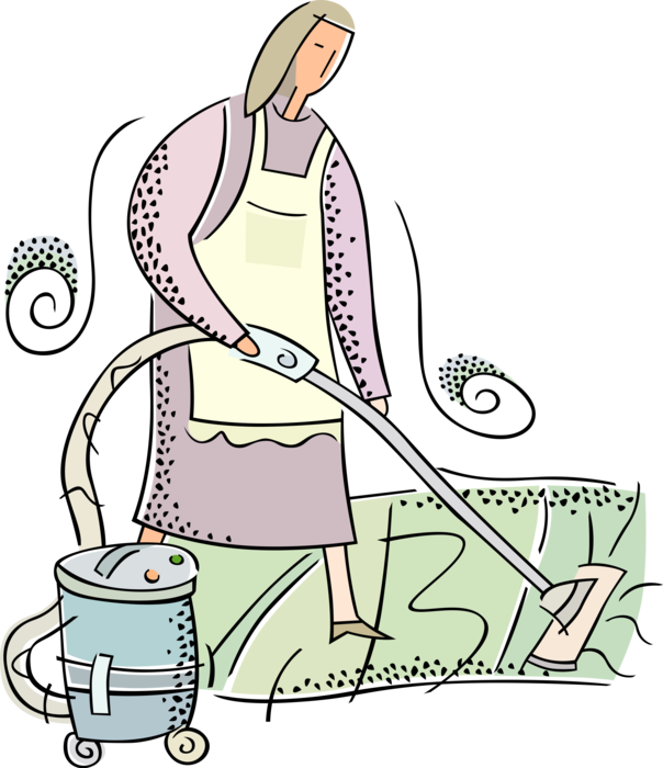 Vector Illustration of Domestic Service Cleaning Maid or Housemaid Vacuums the Carpet