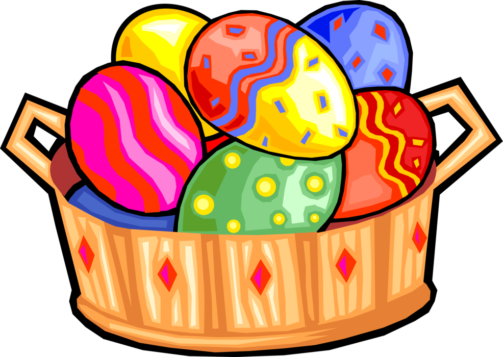 Vector Illustration of Decorated Colored Easter or Paschal Eggs in Basket