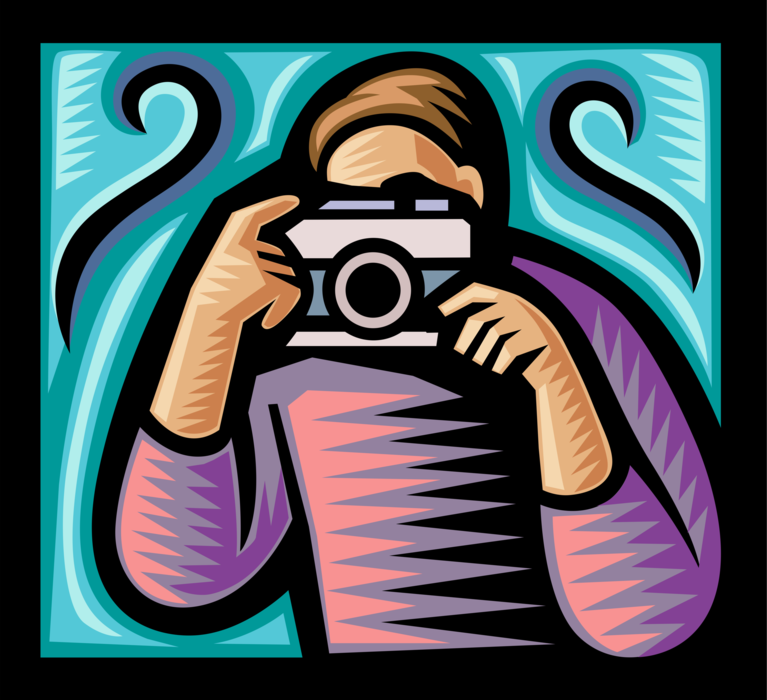 Vector Illustration of Photographer Takes Photo Picture with Photography 35mm Digital Camera