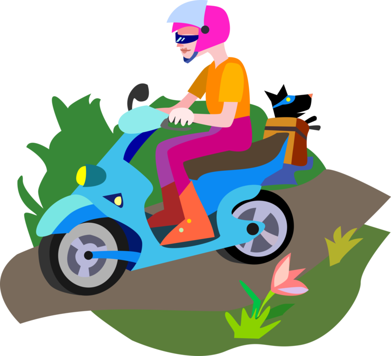 Vector Illustration of Motorcyclist Rides Motor Scooter Motorcycle with Step-Through Frame