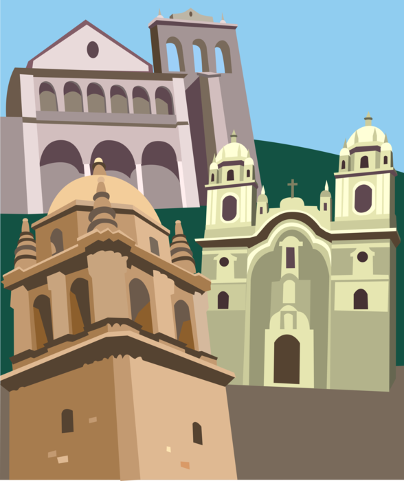 Vector Illustration of Christian Religion Church of the Society of Jesus, Cusco, Christian Religion Church and Convent of Saint Catherine, Peru