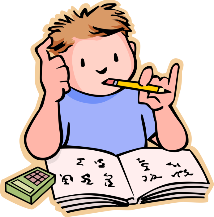 Vector Illustration of Primary or Elementary School Student Boy Working on Homework in Classroom