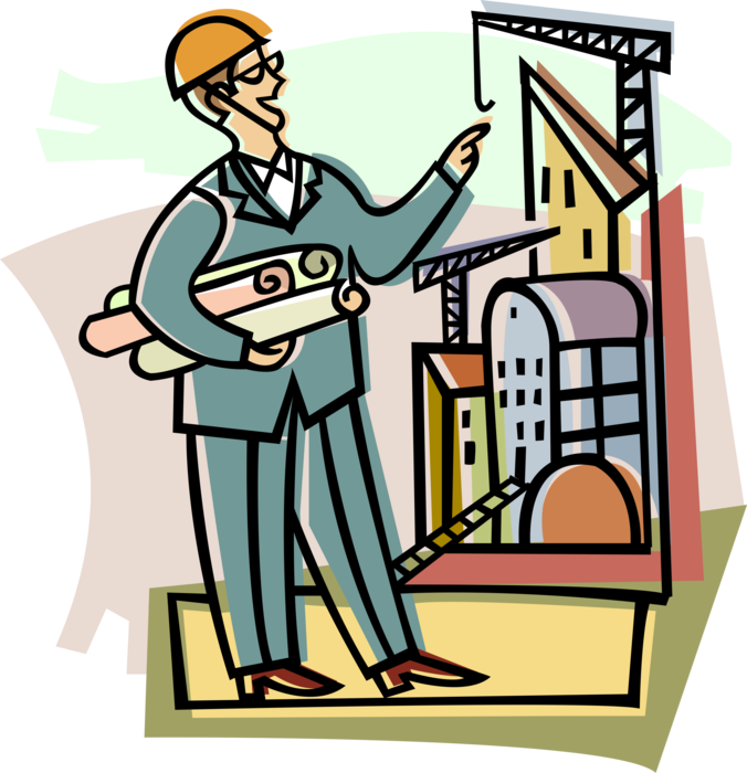 Vector Illustration of Construction Industry Engineer with Blueprint Technical Drawings Visits Building Site
