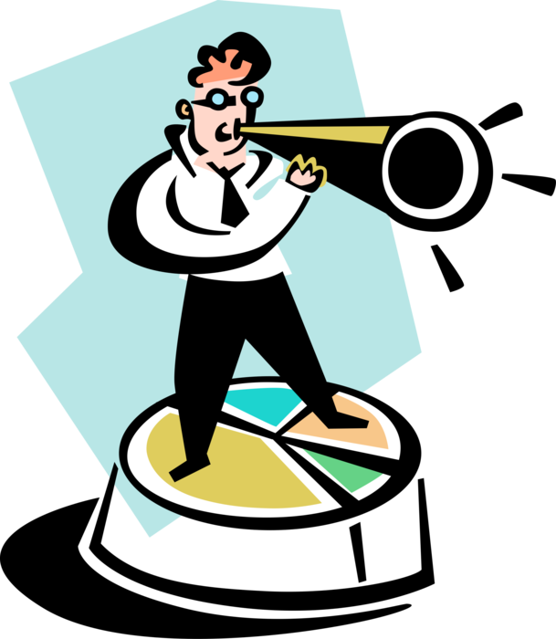 Vector Illustration of Businessman Standing on Pie Chart with Megaphone or Bullhorn