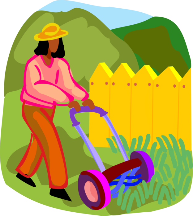 Vector Illustration of Lawn Care Mowing or Cutting the Lawn with Push Mower