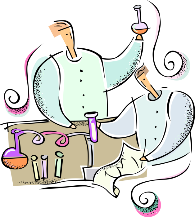 Vector Illustration of Laboratory Research Scientists with Flasks and Test Tubes