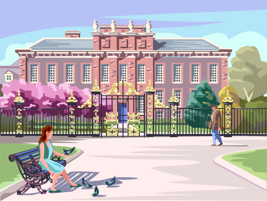 Vector Illustration of Kensington Palace, British Royal Family Residence in Kensington Gardens, London, U.K.