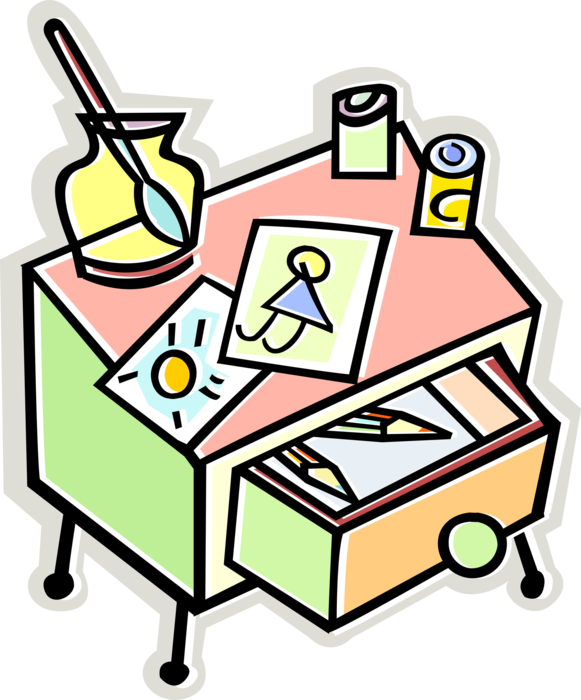 Vector Illustration of Child's Bedroom Furniture Desk with Drawing and Painting Supplies