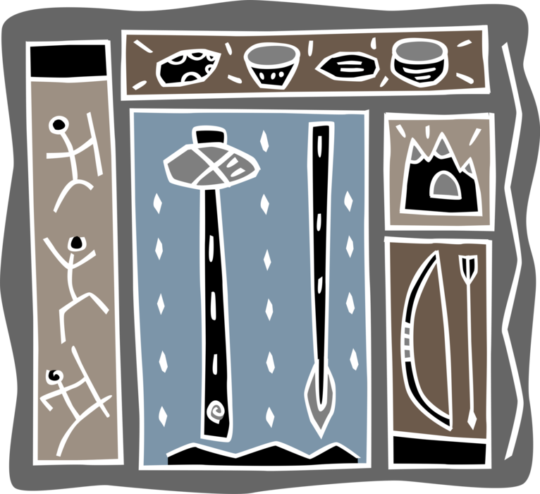 Vector Illustration of Prehistoric Stone Age Tools with Stone Club and Spear and Bow and Arrow
