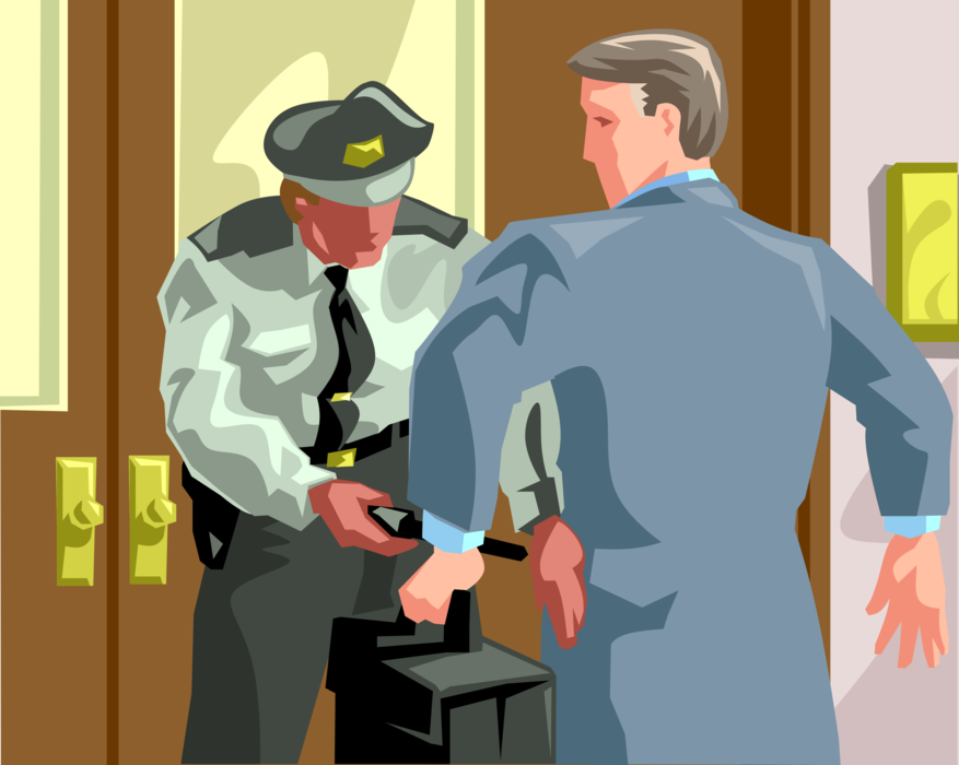 Vector Illustration of Security Check with Metal Detector Checking for Weapons Before Entering Legal Court