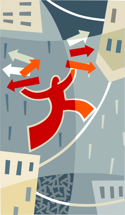 Vector Illustration of Businessman Balancing and Walking on Highwire Tightrope Makes Decisions to Achieve Business Goals